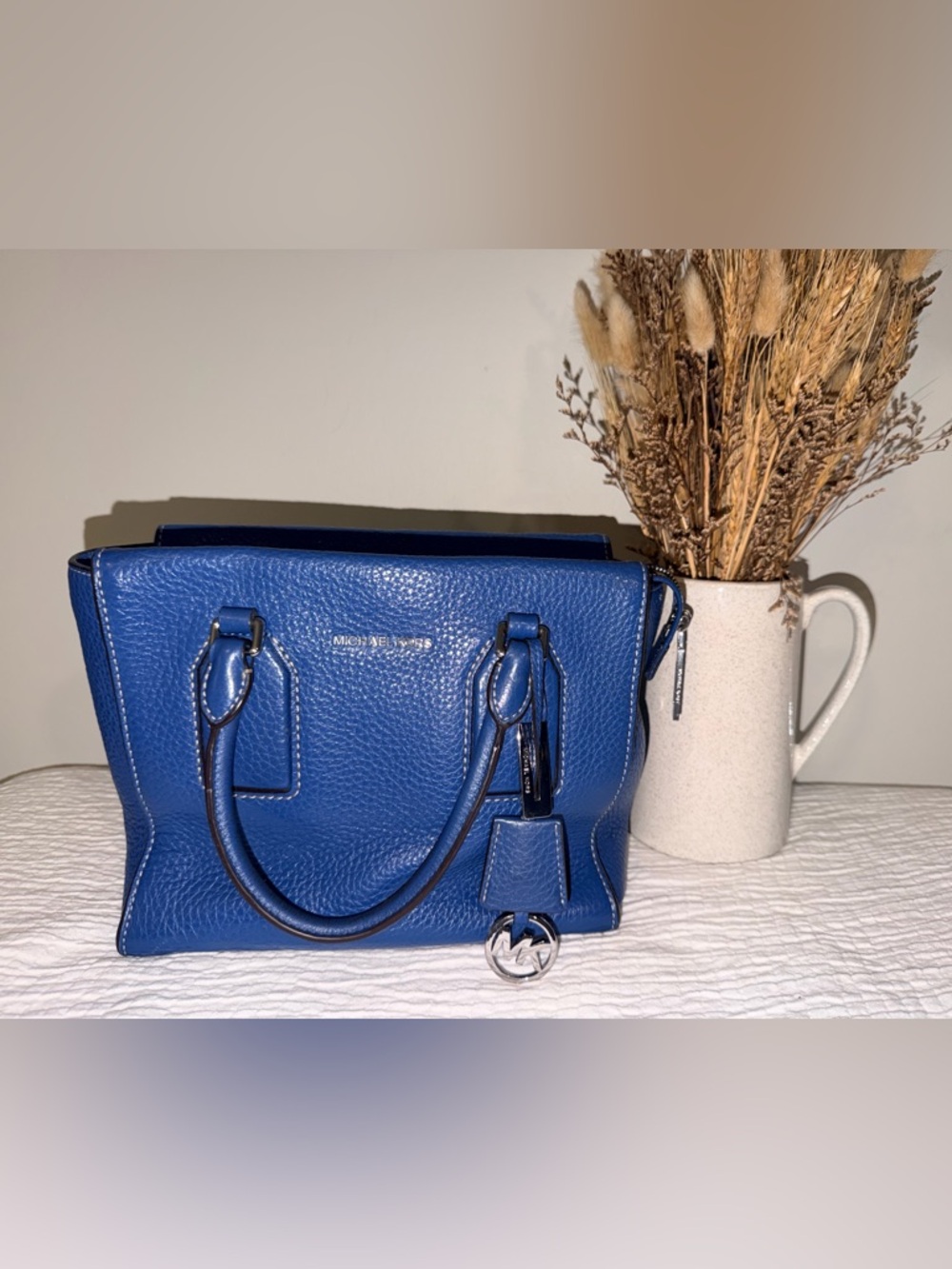 Michael Kors Cobalt Blue Pebbled Leather Satchel Silver Hardware Crossbody Tote - Picture 3 of 14